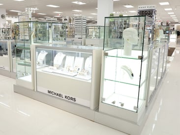 Store display is a closeup of elegant glass countertop showcases