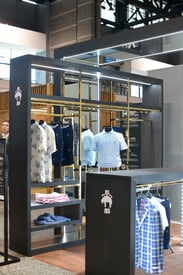 Showing counter, shelving and hanging displays