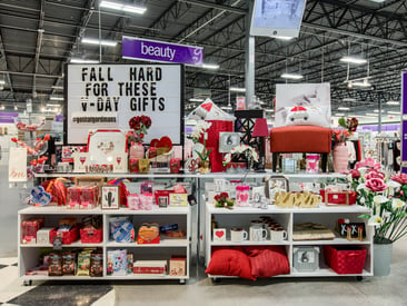 Store displays featuring Valentine's Day promotion with merchandise