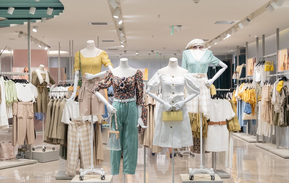 Elegant storefront with various mannequins