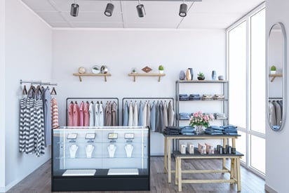 Boutique Store with nested table, glass counter showcase, and retail shelving